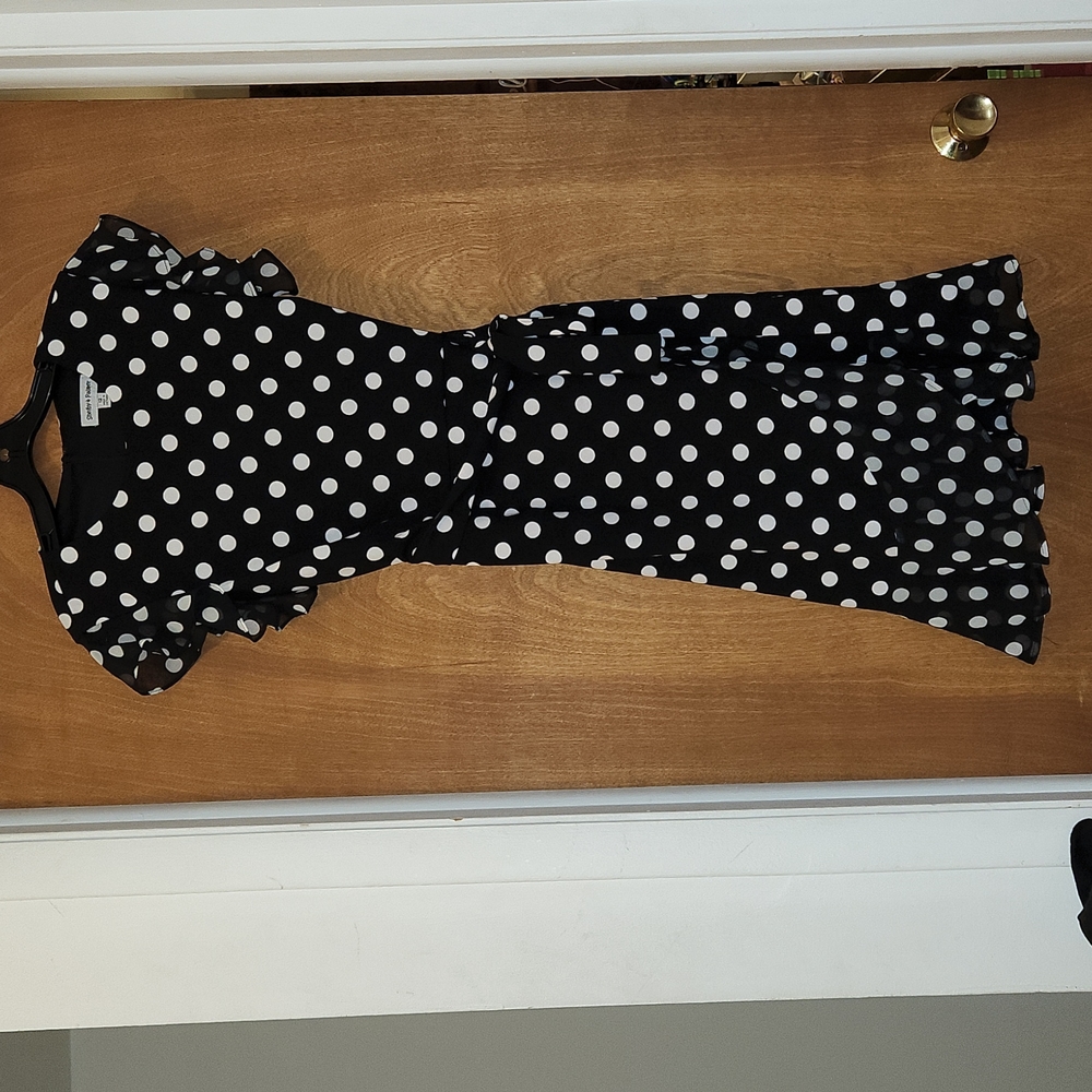 Shelby and Palmer Black and White Polka Dot Flare Wrap Dress